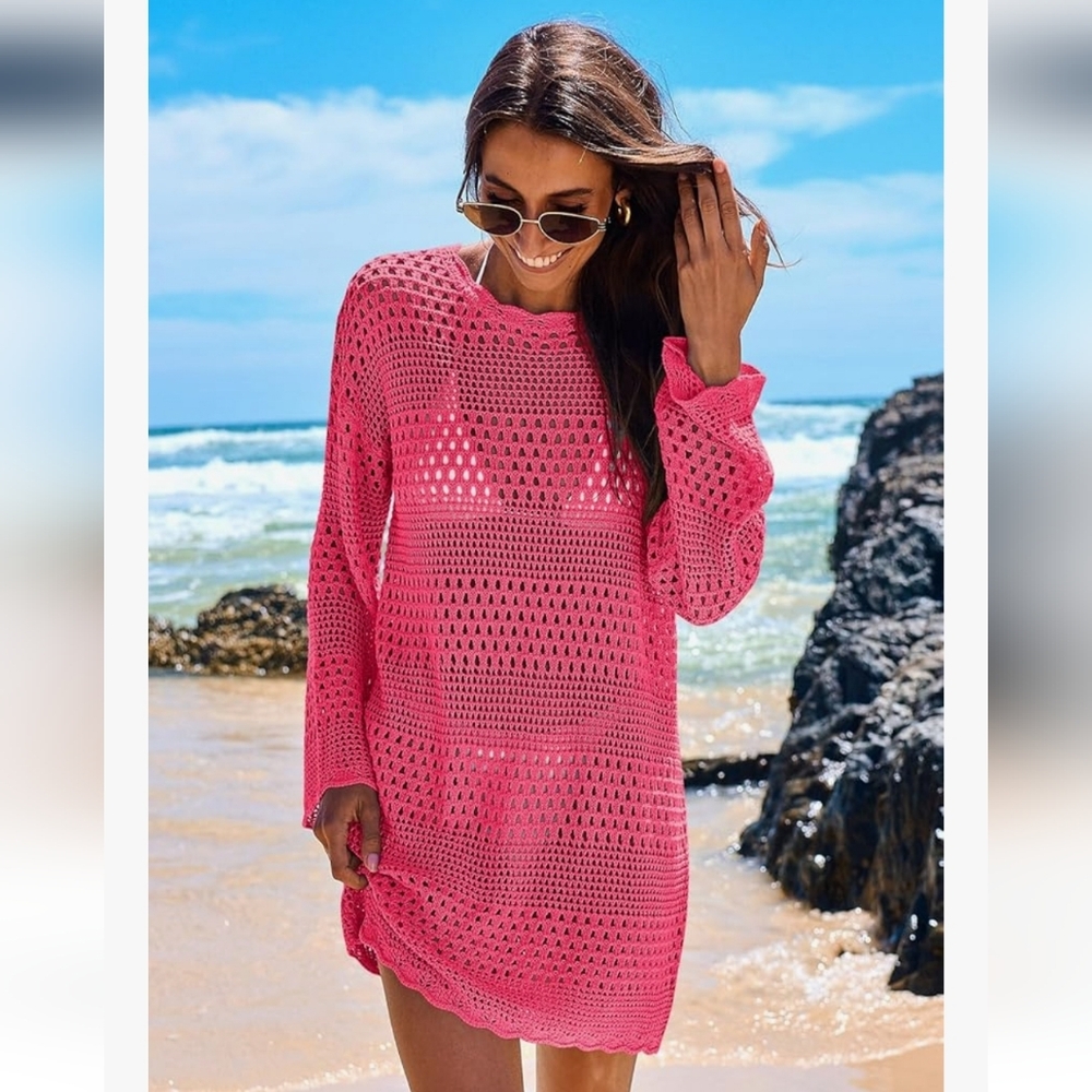 Anrabess, Hot Pink Knit Beach Cover-Up, XL
